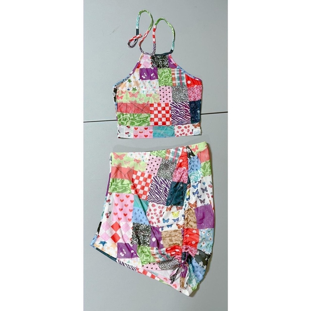 Butterflies Patchwork Graphic Halter Top Mini Ski… - image 1